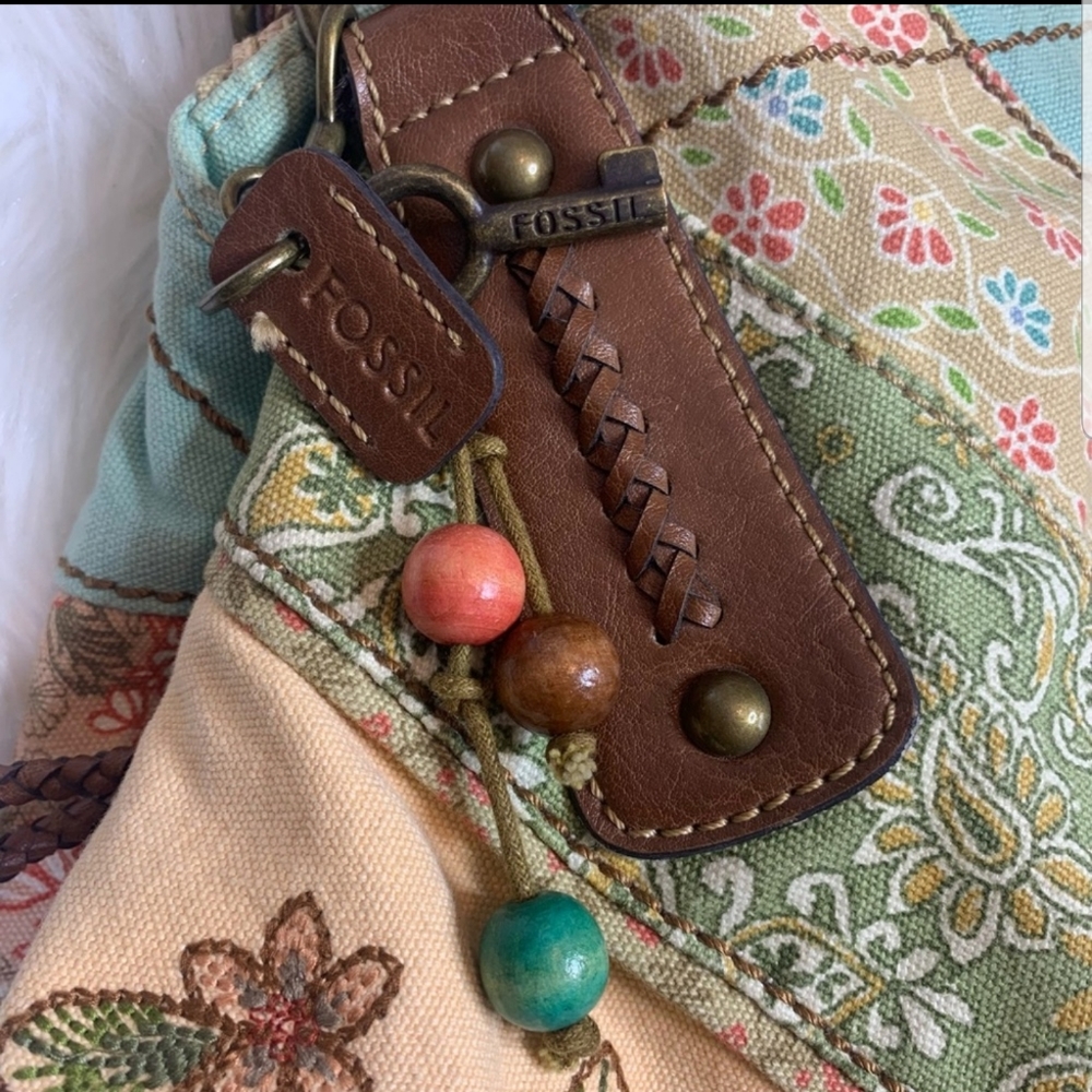 Fossil Patchwork Boho Hobo Satchel Handbag - image 8
